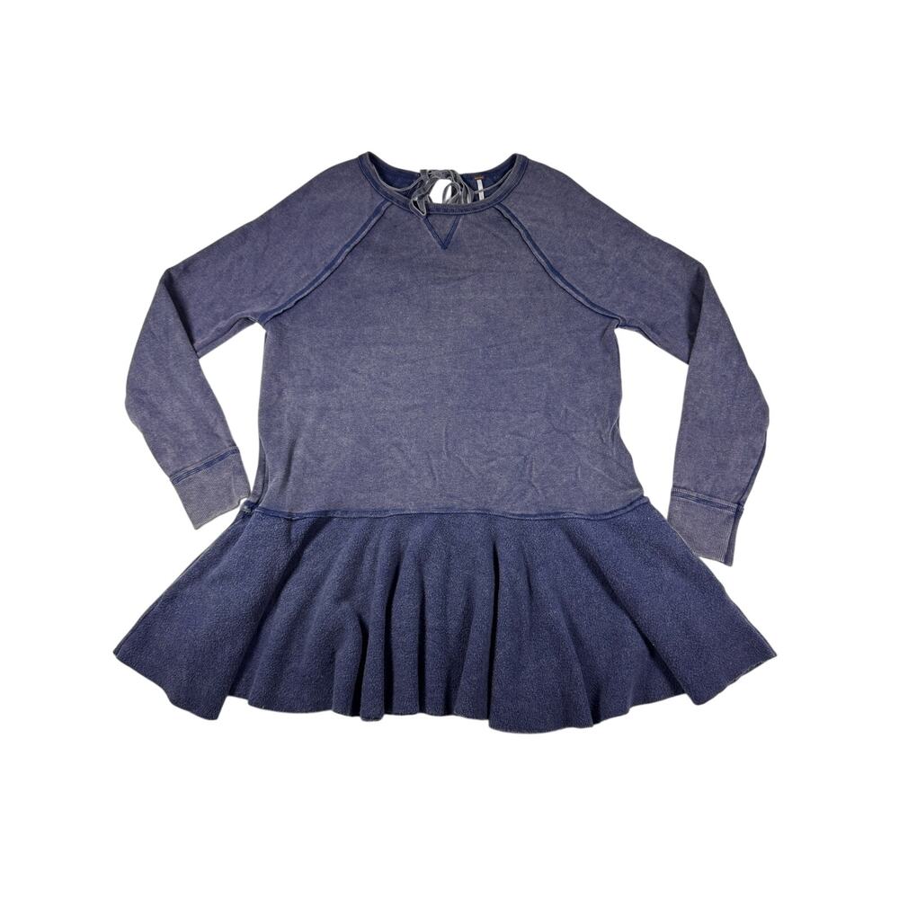 Free People Women’s M Blue Peplum Sweatshirt Tunic Tie Back Washed Fleece